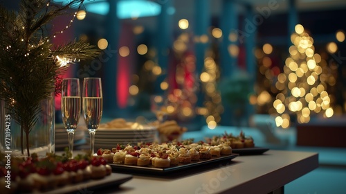 Elegant Celebration Table Set with Exquisite Canapés, Sparkling Glasses, and a Festively Decorated Christmas Tree in the Background