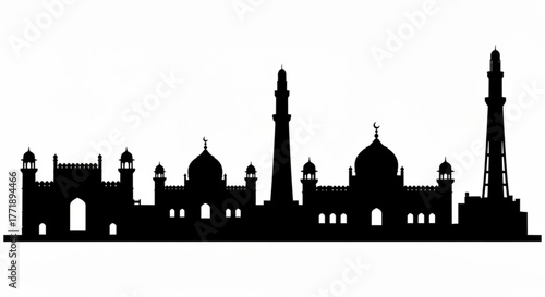 Silhouette of a cityscape featuring mosques and minarets against a white background view of architecture created with generative ai