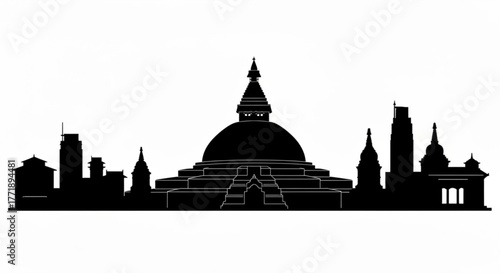 Silhouette of kathmandu skyline with stupas and buildings against a white background view of the city created with generative ai