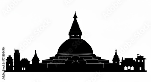 Silhouette of a buddhist stupa with surrounding buildings against a white background landscape view created with generative ai