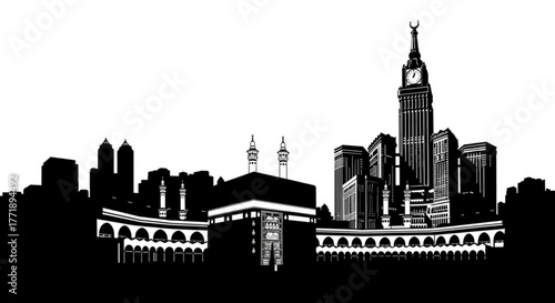 Silhouette of mecca skyline featuring the kaaba and abraj al bait clock tower in black and white created with generative ai
