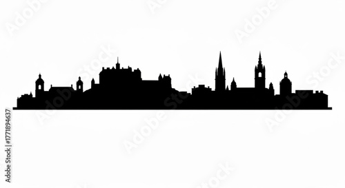 Silhouette of a city skyline featuring various buildings and architectural structures in black and white created with generative ai