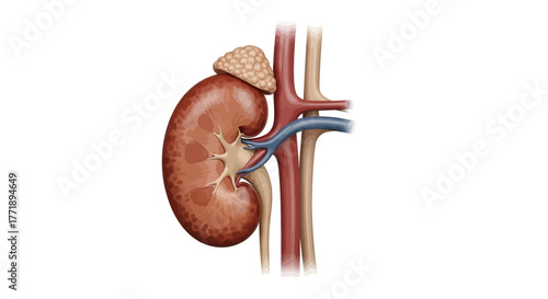 Anatomical Illustration of Kidney, Adrenal Gland, and Blood Vessels