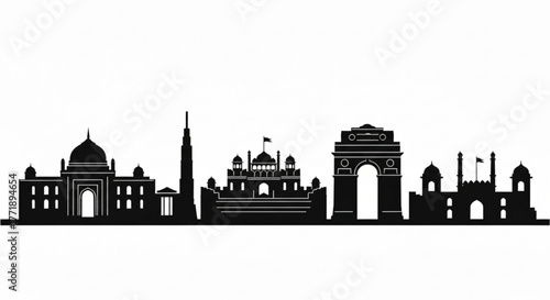 Silhouette of several buildings and monuments depicting a city skyline with domes and arches in black created with generative ai
