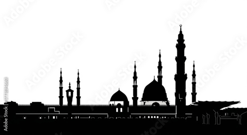 Silhouette of a middle eastern city skyline with mosques and minarets against a white background created with generative ai