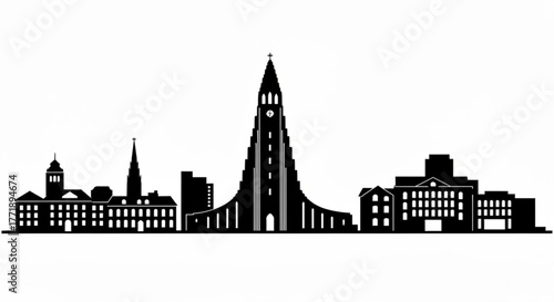 Silhouette of a city skyline with various buildings and a prominent church in a black and white design created with generative ai
