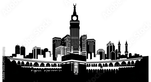 Black and white silhouette of mecca skyline with clock tower and kaaba architecture presented created with generative ai