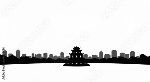 Silhouette of a city skyline with a pagoda structure in the center of the image view landscape created with generative ai