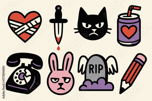 Bold cartoon-style icons with emotional and alternative symbols in colorful graphic layout