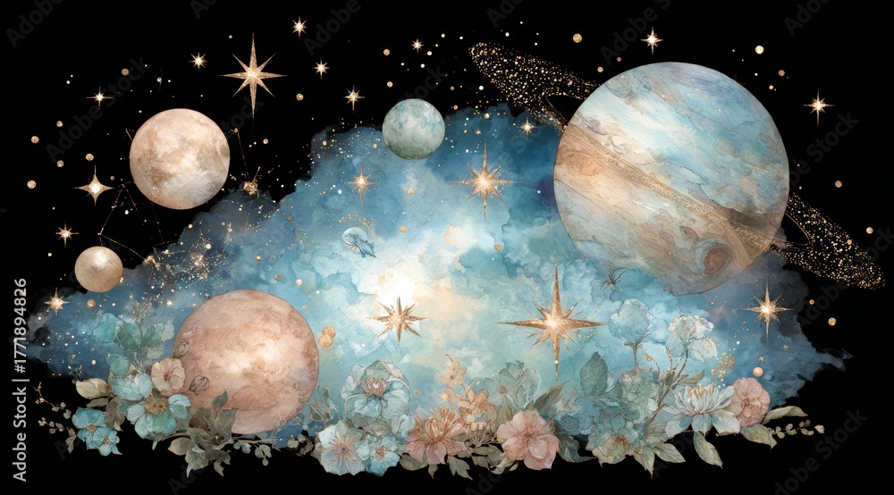 Fototapeta premium Painting of the planets in the solar system with a blue sky and flowers. The painting is full of stars and planets