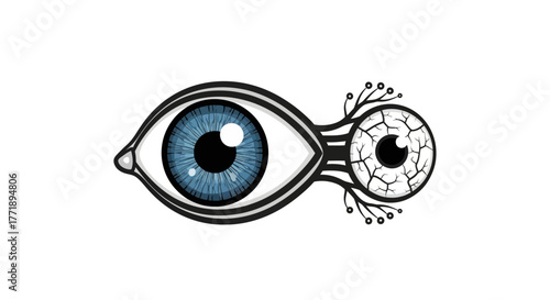 Stylized Eye with Blue Iris and Cracked Eye Connected by Veins