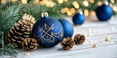 Christmas decorations featuring blue ornaments and gold pinecones