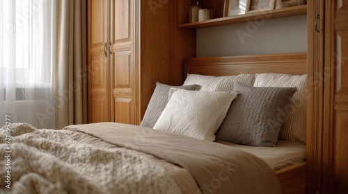 Wallpaper Mural pillows and blanket on cabinet in khaki bedroom with wooden furniture and white pillow on bed no logos no brands ar 169 Torontodigital.ca