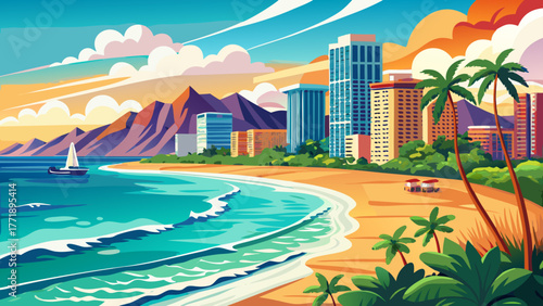 Very beautiful panoramic view of Waikiki Beach skyline in Oahu, Hawaii, USA, showcasing golden sand, turquoise ocean waves, palm trees, and modern high-rise hotels under a bright tropical sky.