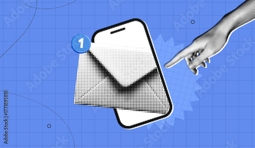 Trendy Halftone Collage Phone with Envelope and New notification. Electronic mail with one massage. Online communication. Social media marketing. Contemporary vector illustration art