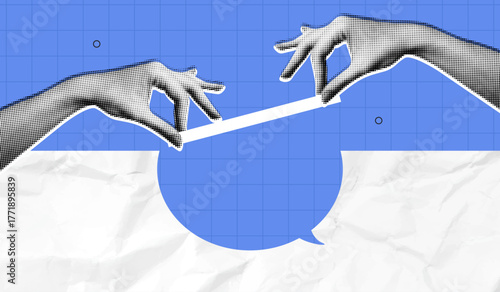Trendy Halftone Collage Building business communications concept. Hands places last bridge block to overcome challenge. Relationship solution. Leadership support. Contemporary vector illustration art