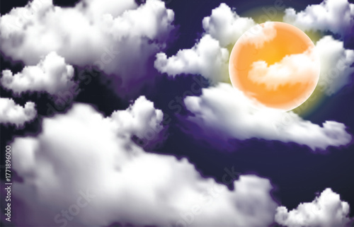 Full moon over white clouds, vector art illustration.