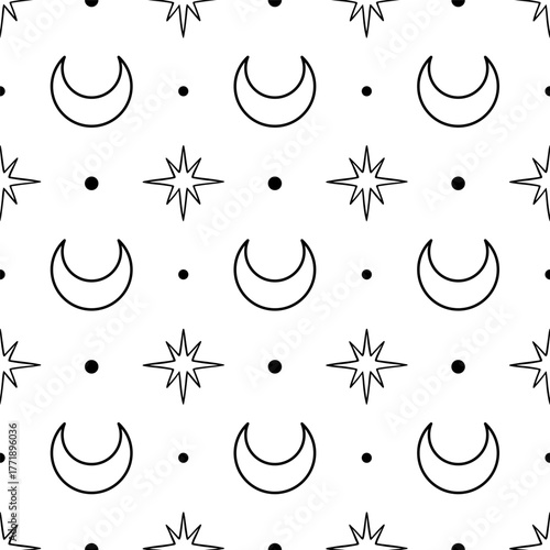 Seamless pattern with crescent moon and stars on a white background. Celestial design for textile. Astrology illustration for fabric, wrapping paper, scrapbook, or wallpaper. 