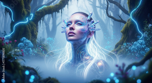 Mystical woman with glowing crystal adornments gazing into enchanted bioluminescent forest, embodying fantasy and ethereal beauty.