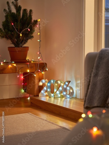 New Year's Eve 2026 illuminated sign with festive lights and small Christmas tree, creating a warm, cozy holiday atmosphere