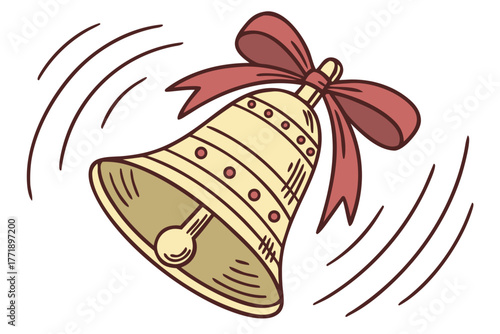 Golden jingle bell vector icon with red ribbon and motion sound effect lines