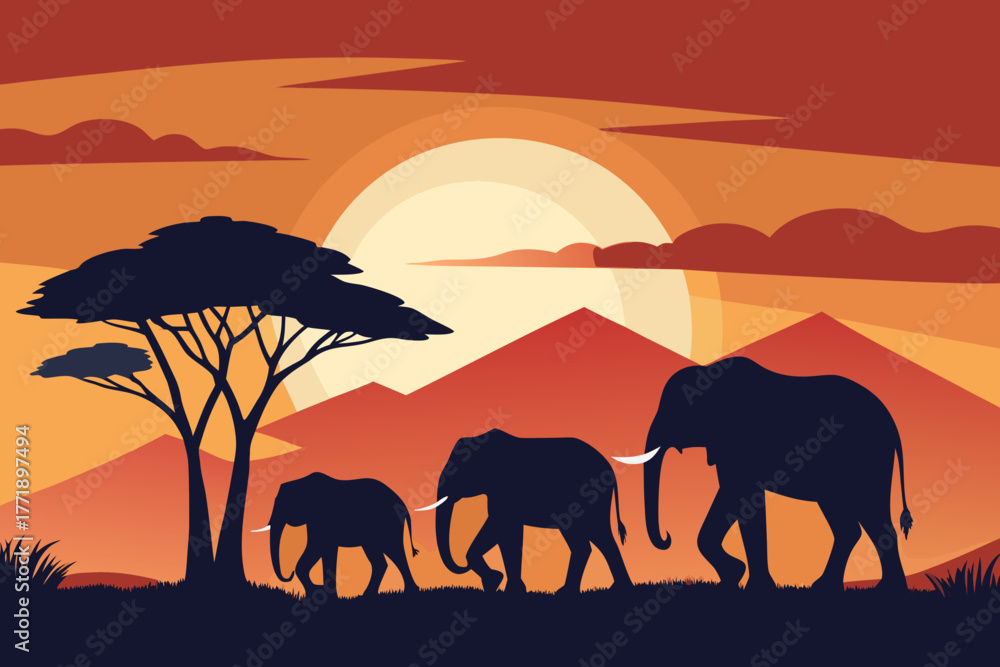 Fototapeta premium A beautiful cartoon of elephants in the savanna vector illustration