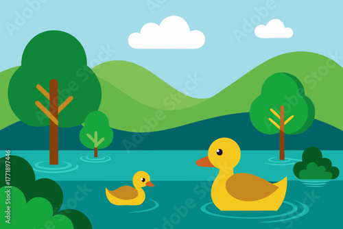 A cartoon illustration of ducks on a lake vector illustration