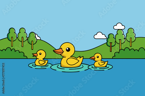 A beautiful cartoon of ducks floating on a lake vector illustration