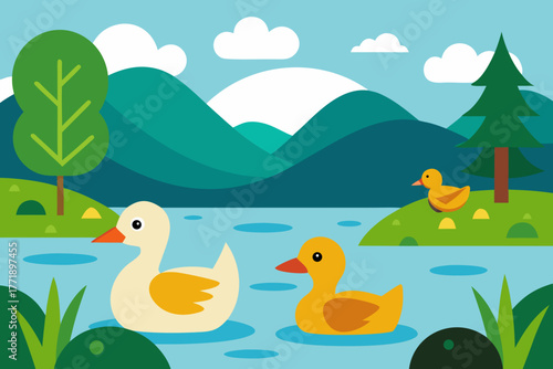 A simple cartoon of ducks on a lake vector illustration