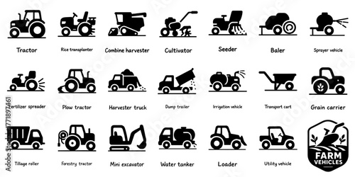 農業車両と作業機のシルエットセット、Farm Vehicles and Machinery Silhouette Set