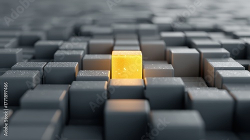 Fototapeta Naklejka Na Ścianę i Meble -  Illuminated Golden Cube Stands Out Amongst Grey Cubes, Abstract Concept, Focus.