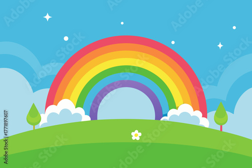 A cartoon illustration of a fairy tale meadow with a rainbow and sparkles vector illustration