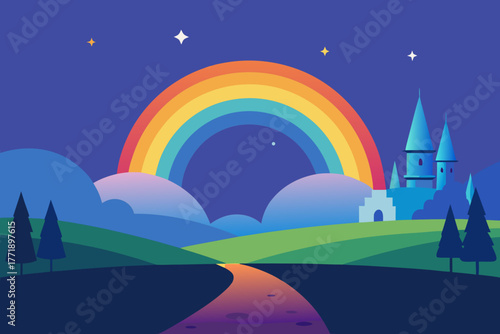 A simple cartoon of a fairy tale meadow with a rainbow and sparkles vector illustration