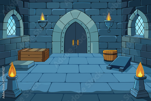 A spooky cartoon scene of a fantasy dungeon background vector illustration