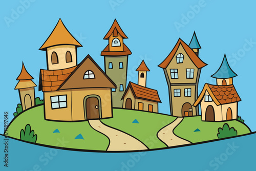 A whimsical cartoon scene of a fantasy village with crooked houses vector illustration