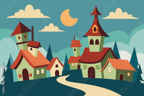A cartoon illustration of a fantasy village with crooked houses vector illustration