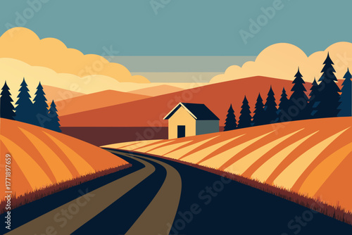 Are a cartoon illustration of a farm field with wheat vector illustration
