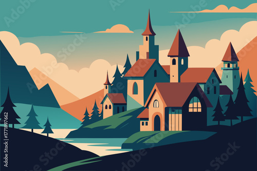 A simple cartoon of a fantasy village with crooked houses vector illustration