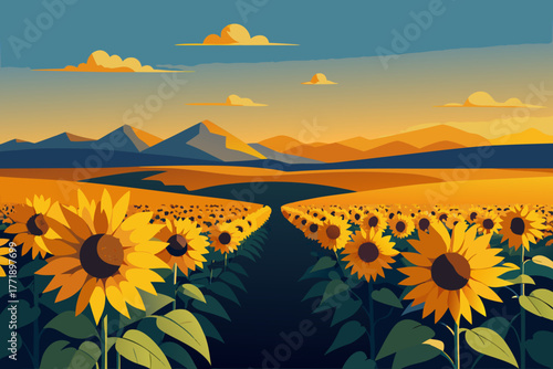 A cartoon illustration of a field of sunflowers under a clear sky vector illustration