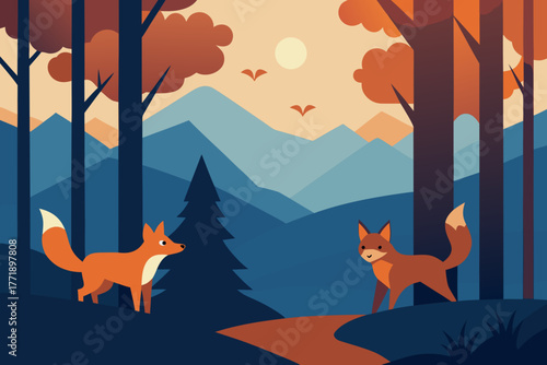 A cartoon illustration of a forest with cute foxes vector illustration