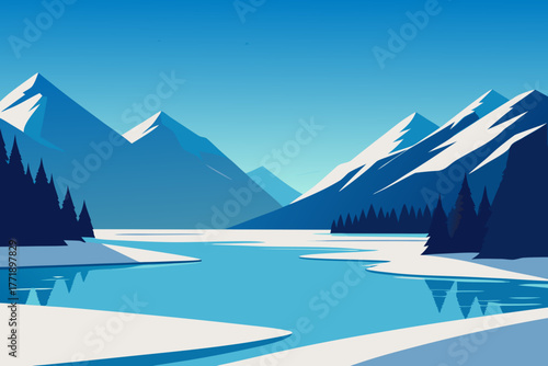 A cartoon illustration of a frozen lake with snowy mountains vector illustration