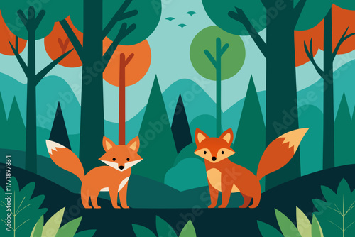 A lovely cartoon illustration of a forest with cute foxes vector illustration