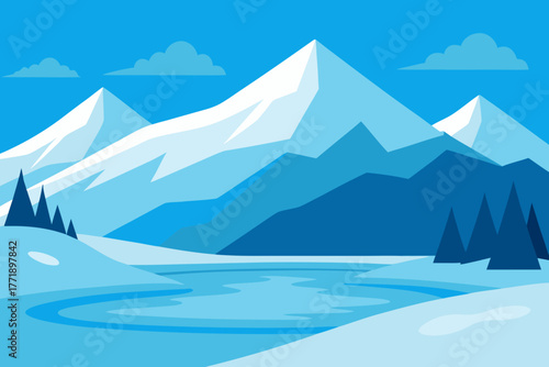 A simple cartoon of a frozen lake with snowy mountains vector illustration