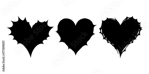 Three black heart shapes with different thorny edges in solid silhouette style on white background, expressing dark love or heartbreak