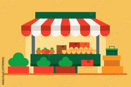 A simple cartoon of a fruit market with stalls vector illustration