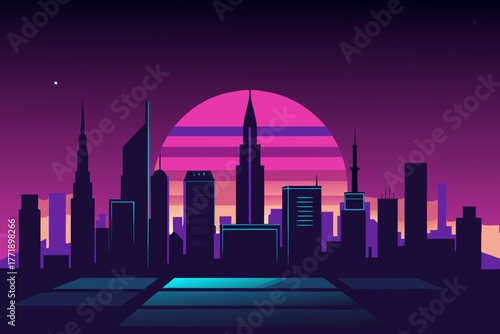 A cartoon illustration of a futuristic city skyline with neon lights vector illustration