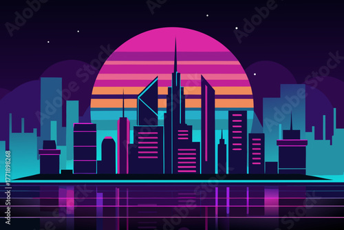 A simple cartoon of a futuristic city skyline with neon lights vector illustration