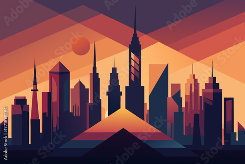 A cartoon illustration of a geometric city skyline vector illustration