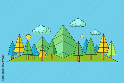 A modern cartoon scene of a geometric forest background vector illustration
