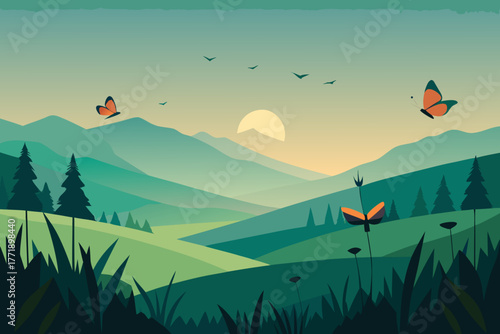 A cartoon illustration of a grassy meadow with butterflies vector illustration